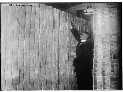 In January 1923, a dollar cost 17,000 marks. In December, the exchange rate topped out at 4.2 trillion marks to the dollar.