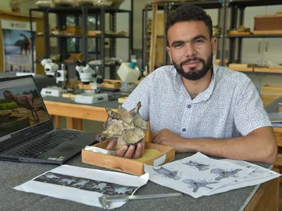 Despite only uncovering one bone, researchers were able to identify it as an abelisaurid by the distinct structures that stuck out on the top left and top right of the neck vertebrae called epipophyses. (Pictured: Graduate student, Belal Salem holding the neck vertebra of the unamed abelisaurid theropod found in the Bahariya Oasis)