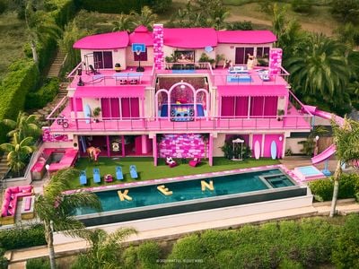 The exterior of the life-size Barbie DreamHouse in Malibu, which is available for stays on Airbnb later this month