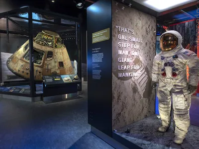 The Apollo 11 Command Module Columbia, the only part of the spacecraft from the first moon-landing expedition to return to Earth, is on view with the space suit that Neil Armstrong wore when he walked on the moon in July 1969.