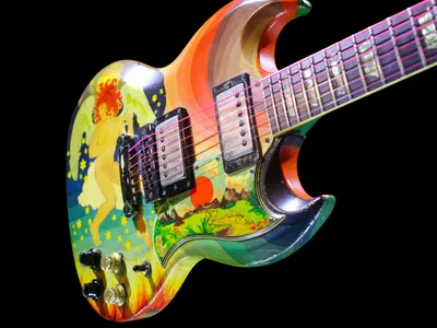 Eric Clapton&#39;s guitar, called the &quot;Fool,&quot; features a bright, psychedelic design.