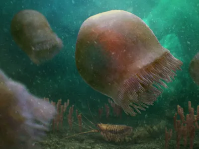 An artistic reconstruction shows a group of Burgessomedusa phasmiformis swimming in the Cambrian sea.