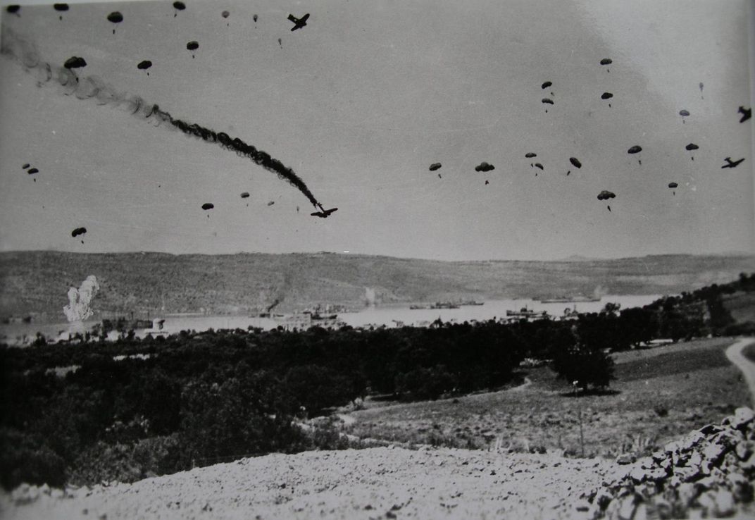 German paratroopers over Crete during the Battle of Crete in spring 1941