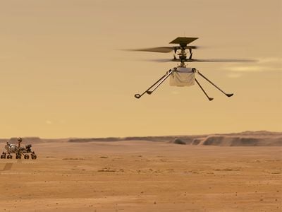 Ingenuity undertakes its first test flight on Mars in this illustration.