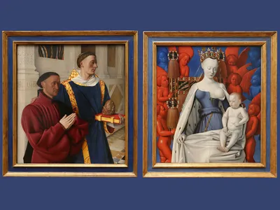 Jean Fouquet&#39;s Melun Diptych features two panels, &Eacute;tienne Chevalier with Saint Stephen on the left, and Virgin and Child Surrounded by Angels on the right.