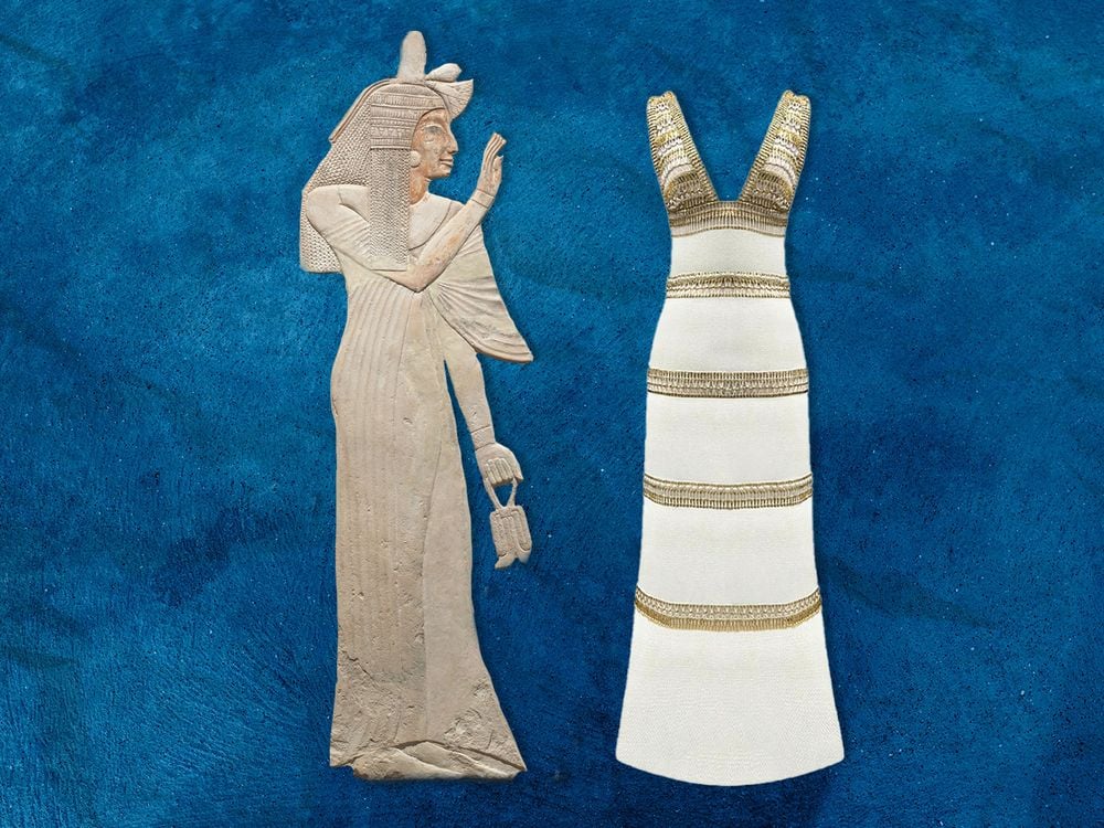 an Egyptian next to a high end fashion dress