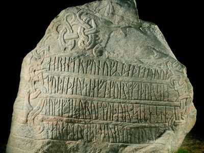 One of the Jelling runestones that mention Queen Thyra