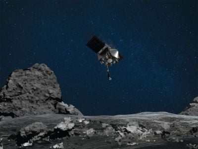 This artist's rendering shows the OSIRIS-REx spacecraft descending towards asteroid Bennu to collect a sample.