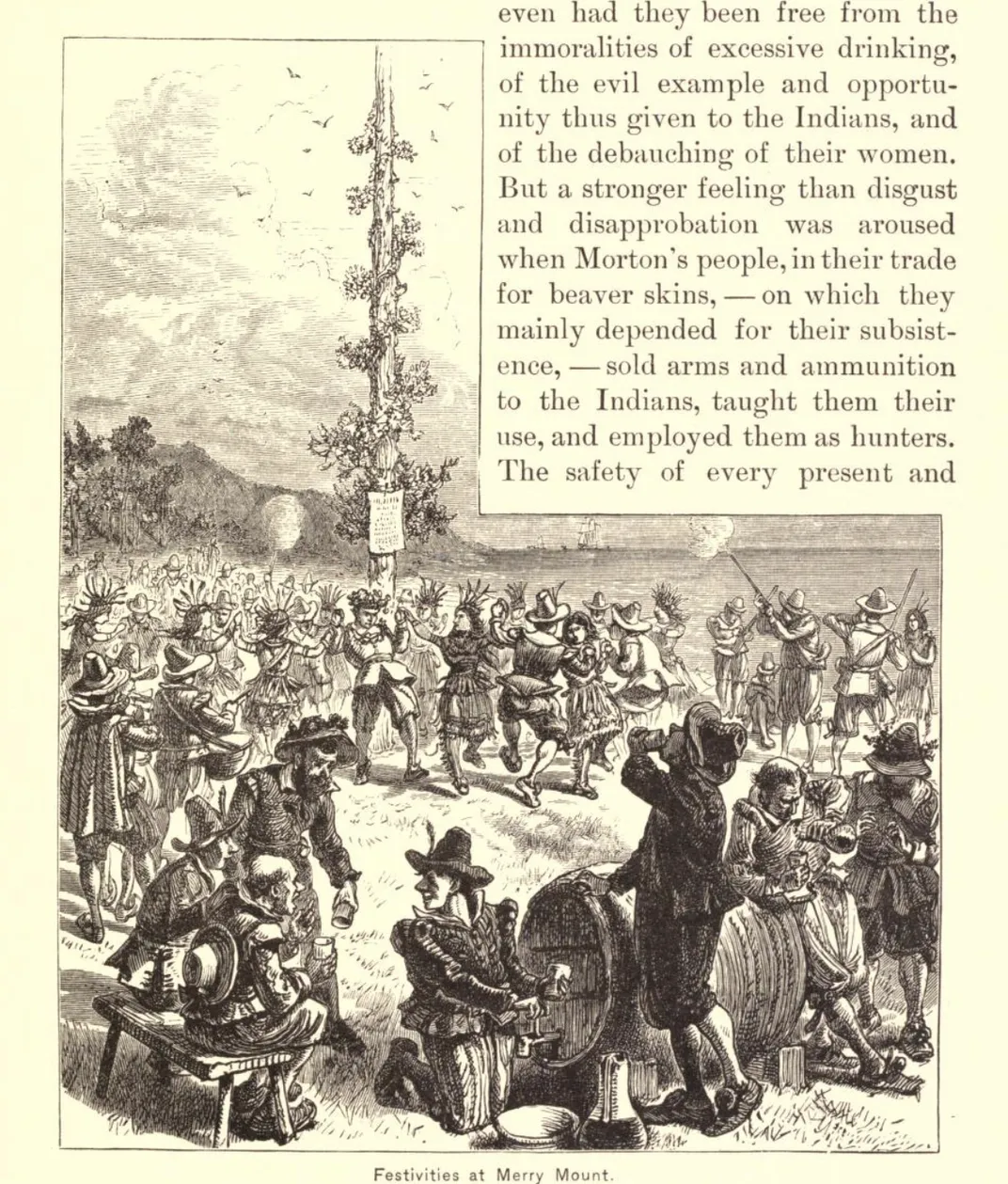 Illustration of the maypole in Morton's Merrymount colony